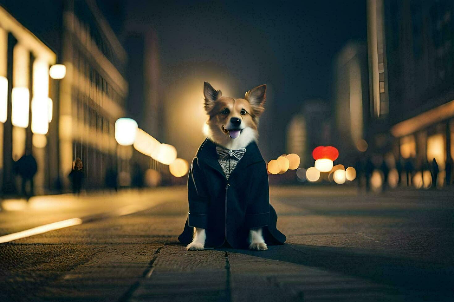 uma cachorro dentro uma terno e gravata sentado em a rua às noite. gerado por IA foto