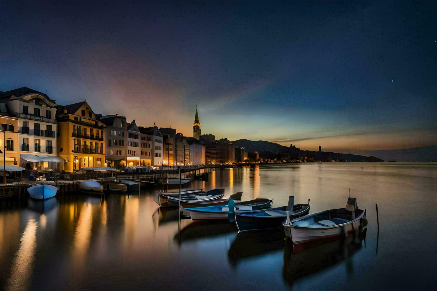 barcos ancorado dentro a água às noite dentro uma cidade. gerado por IA foto