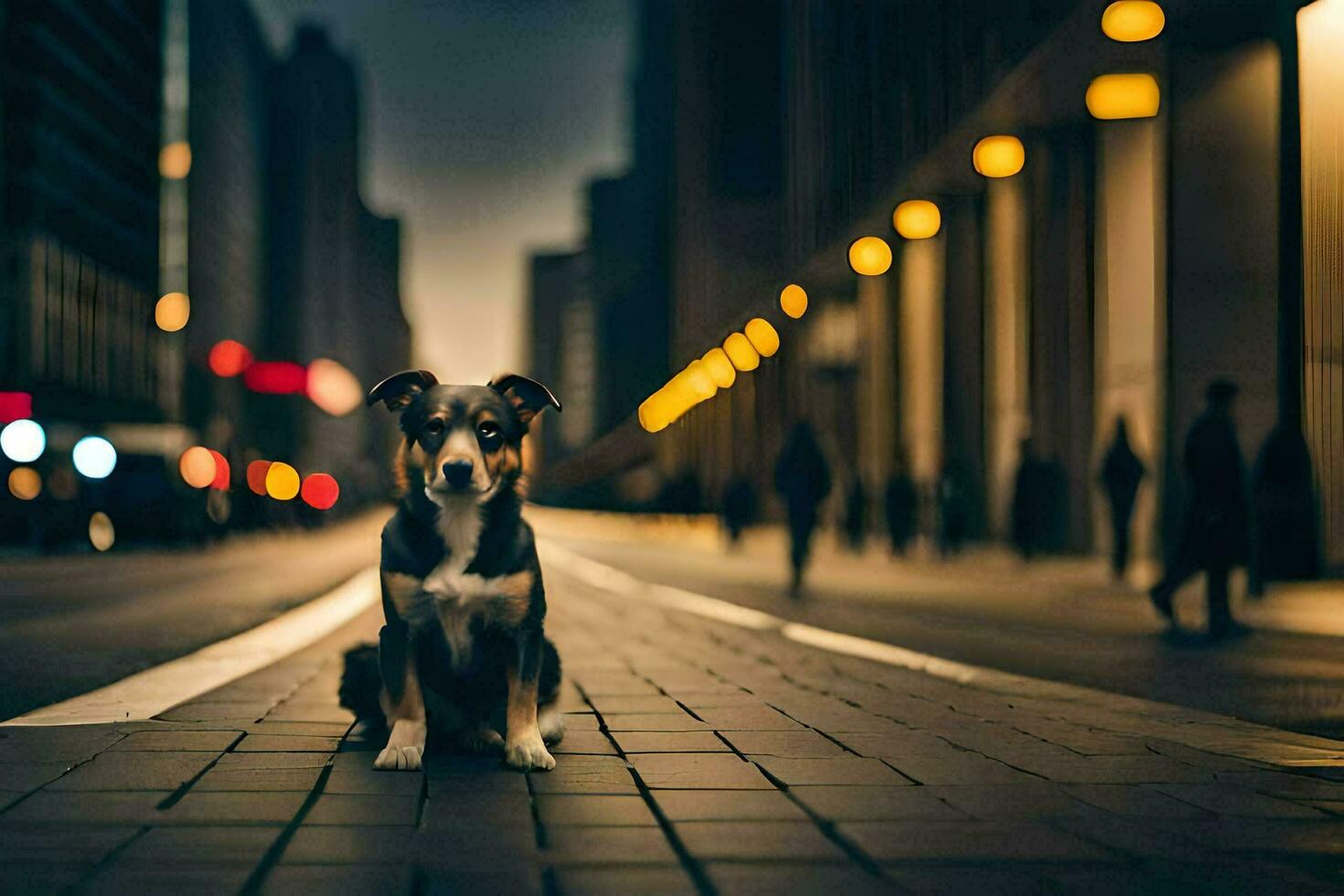 uma cachorro sentado em a rua às noite. gerado por IA foto