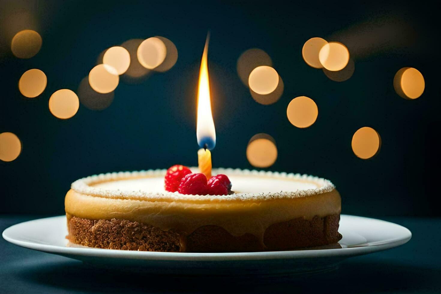 uma bolo com uma vela em topo e uma vermelho framboesas. gerado por IA foto
