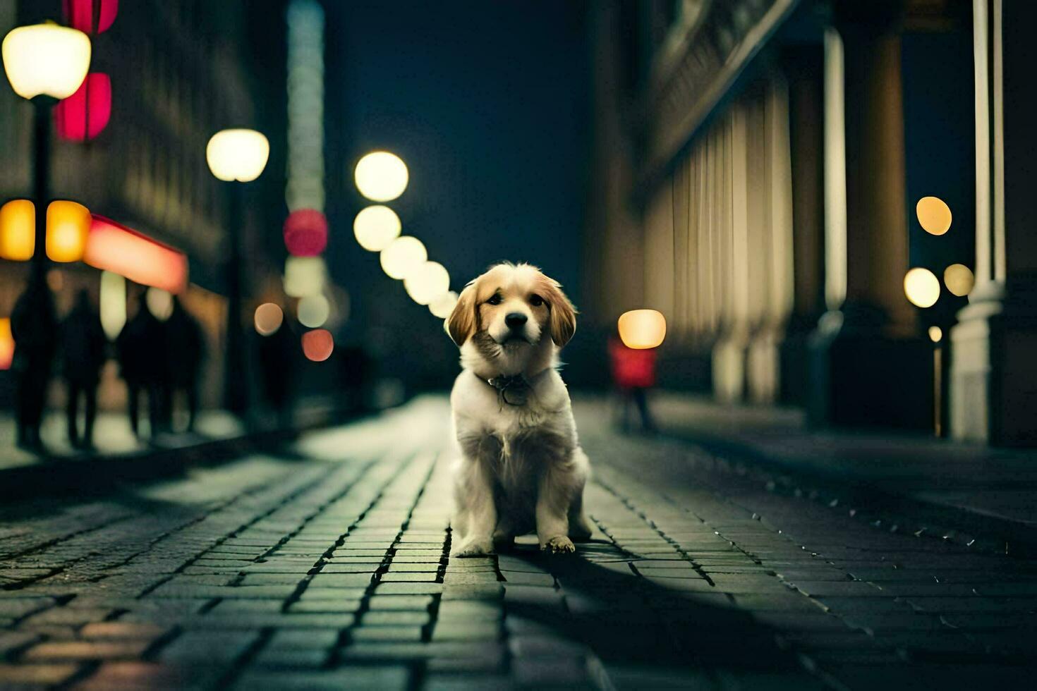 uma cachorro é em pé em uma rua às noite. gerado por IA foto