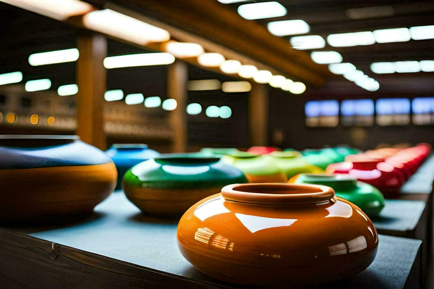 colorida vasos estão forrado acima em uma mesa. gerado por IA foto