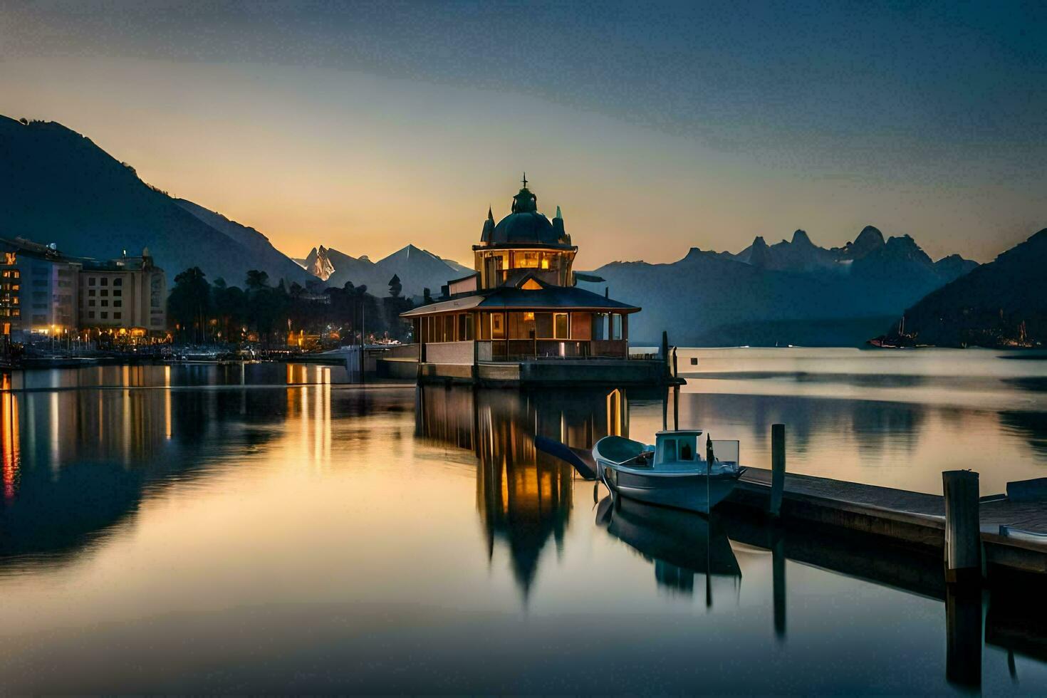 uma barco doca e uma Igreja dentro a meio do uma lago. gerado por IA foto