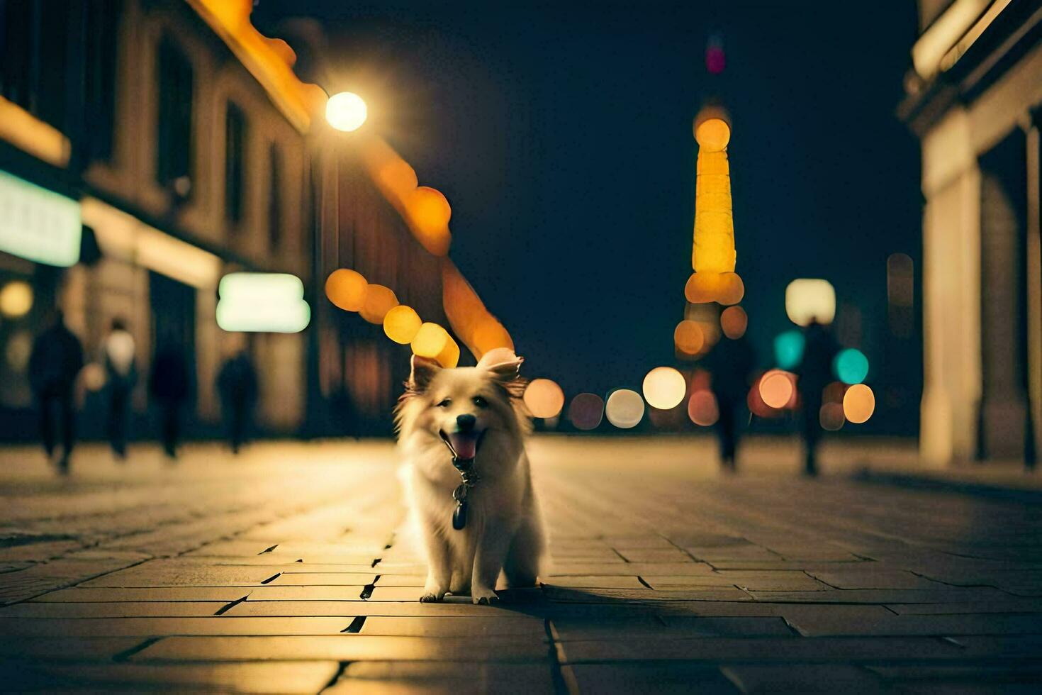 uma cachorro em pé em a rua às noite. gerado por IA foto