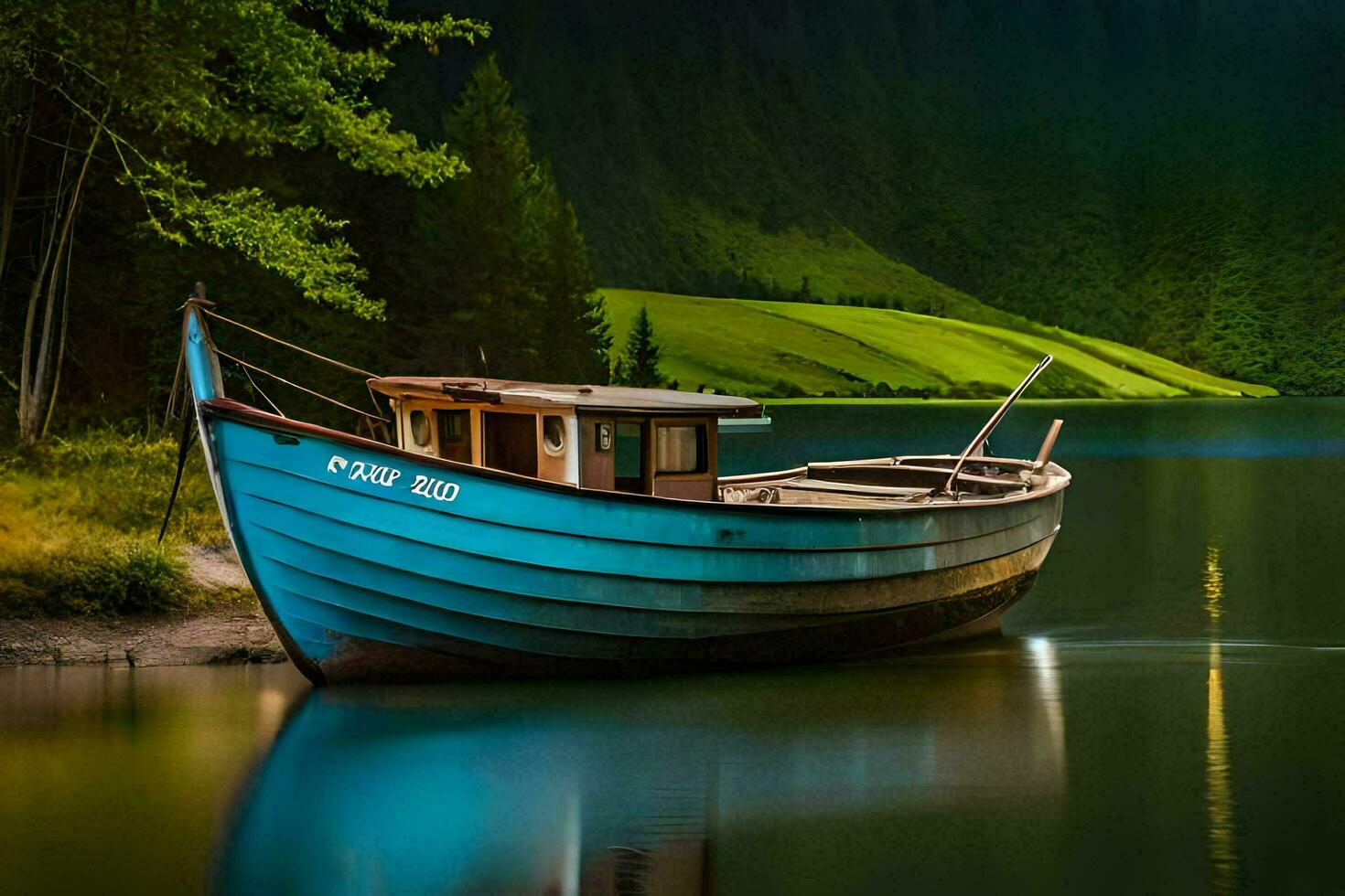 uma barco senta em a costa do uma lago. gerado por IA foto