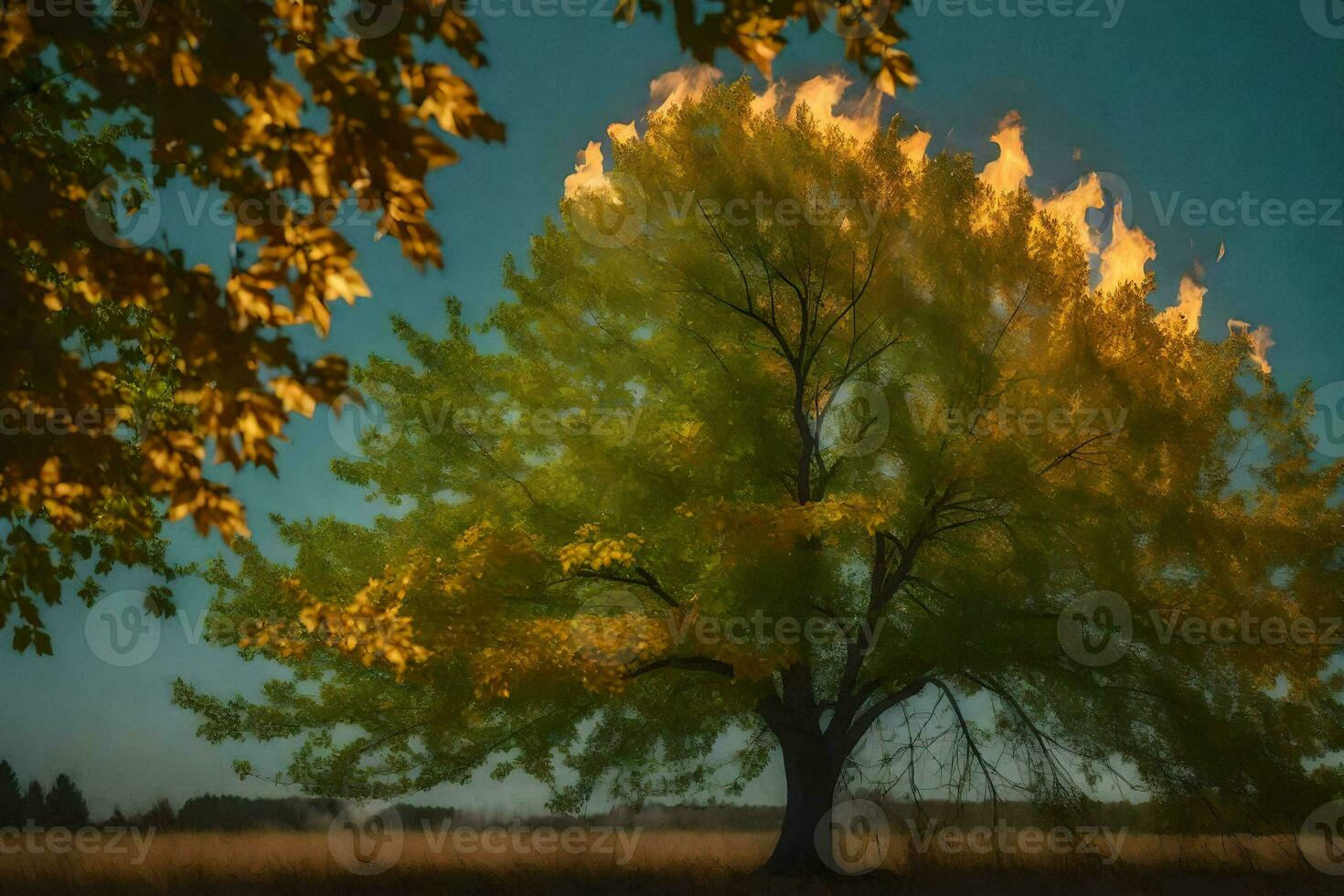 uma árvore com chamas em isto dentro a meio do uma campo. gerado por IA foto