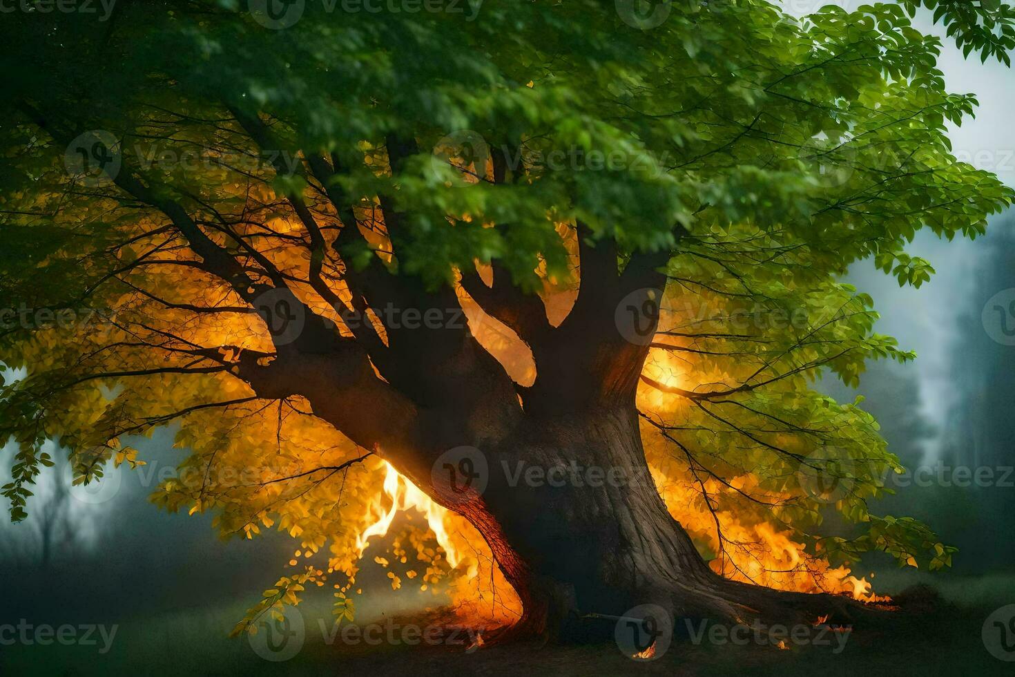 uma árvore com chamas chegando Fora do isto. gerado por IA foto