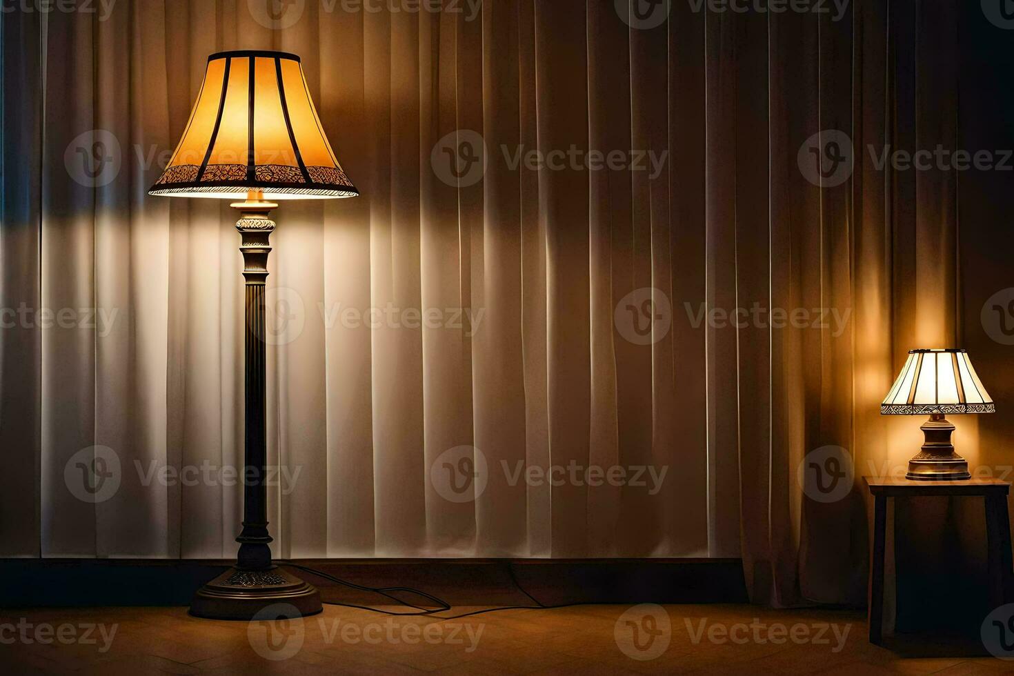 uma luminária e uma luminária ficar de pé dentro uma Sombrio sala. gerado por IA foto