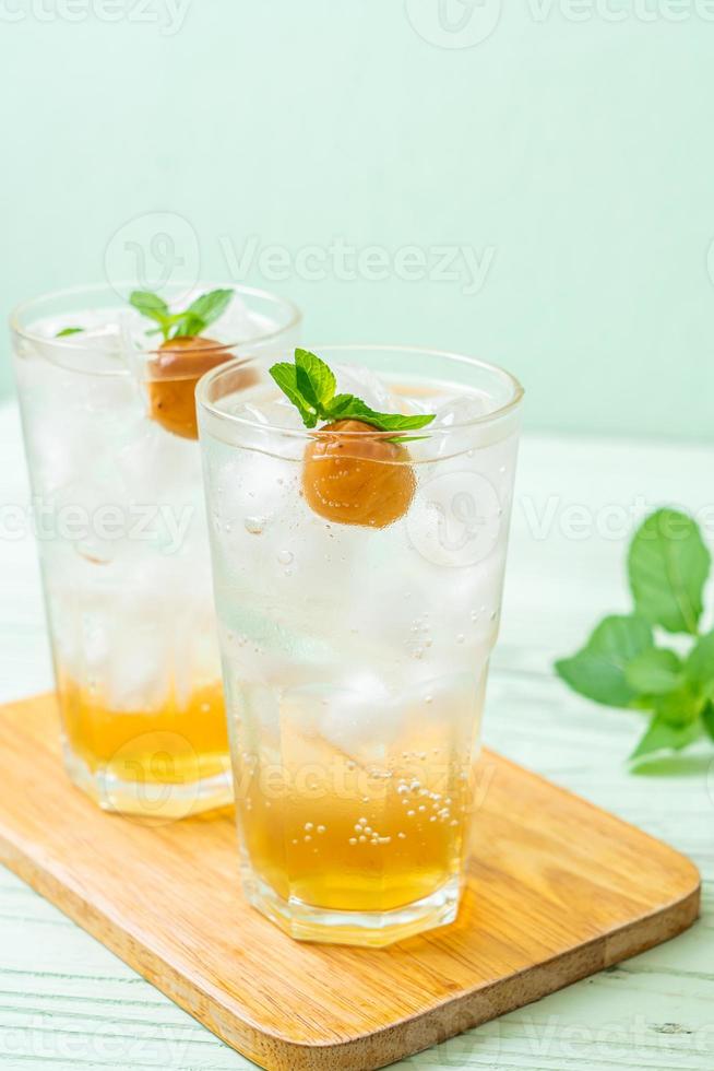 Suco de ameixa gelado com refrigerante e hortelã-pimenta na mesa de madeira - bebida refrescante foto