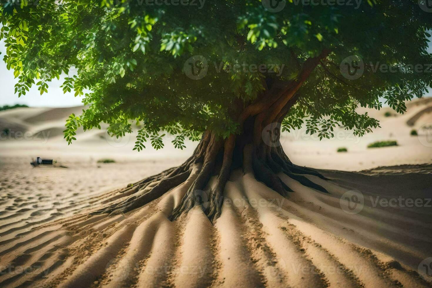 uma árvore dentro a deserto com areia dunas. gerado por IA foto