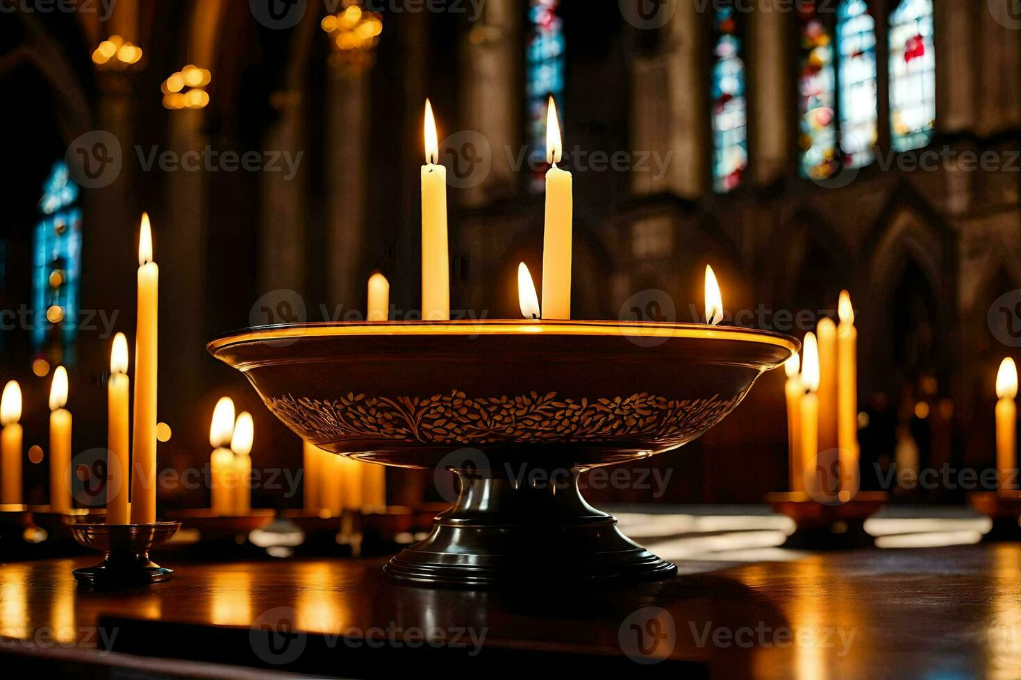 velas estão aceso dentro uma Igreja com manchado vidro janelas. gerado por IA foto