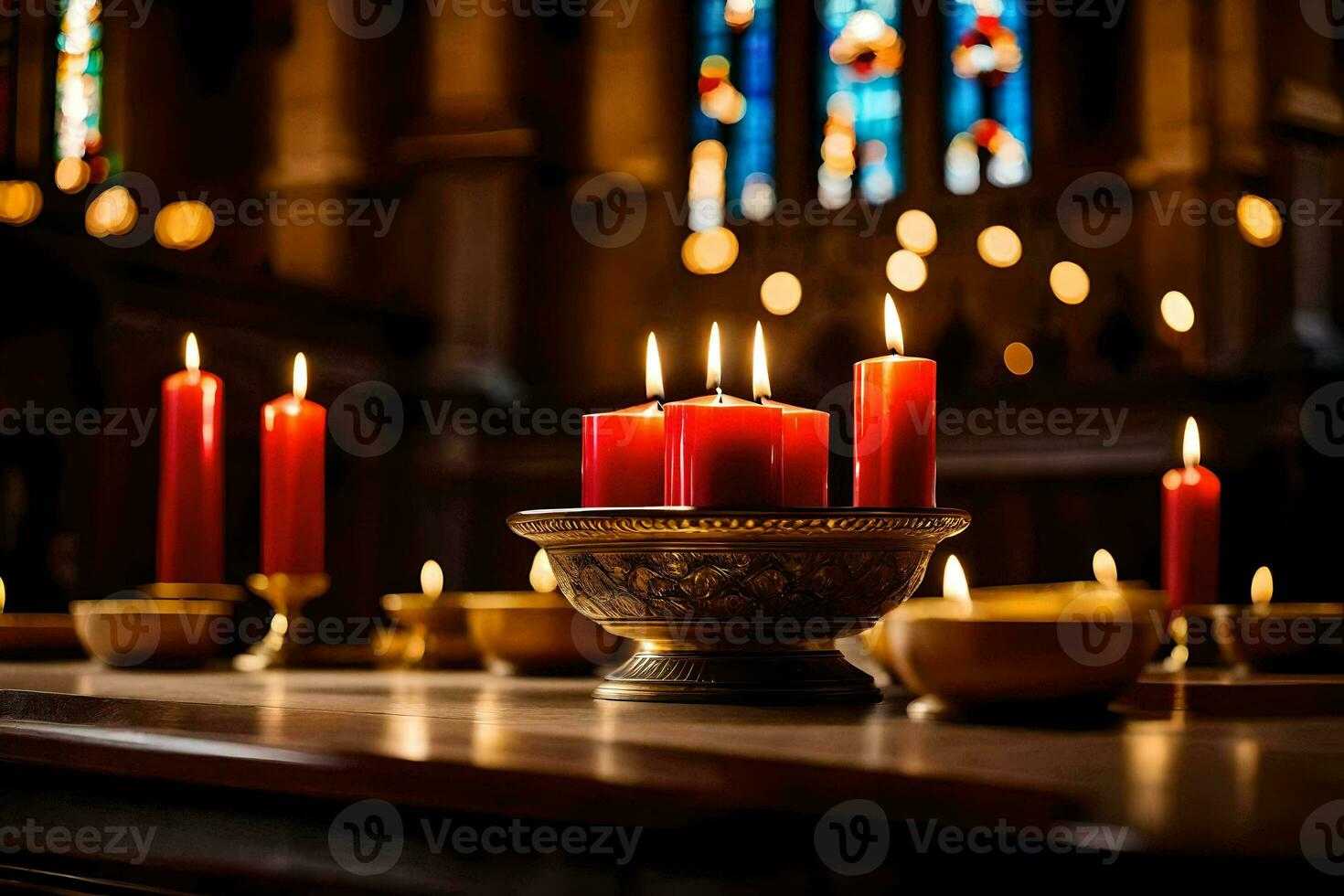 vermelho velas dentro uma tigela em uma mesa dentro uma igreja. gerado por IA foto