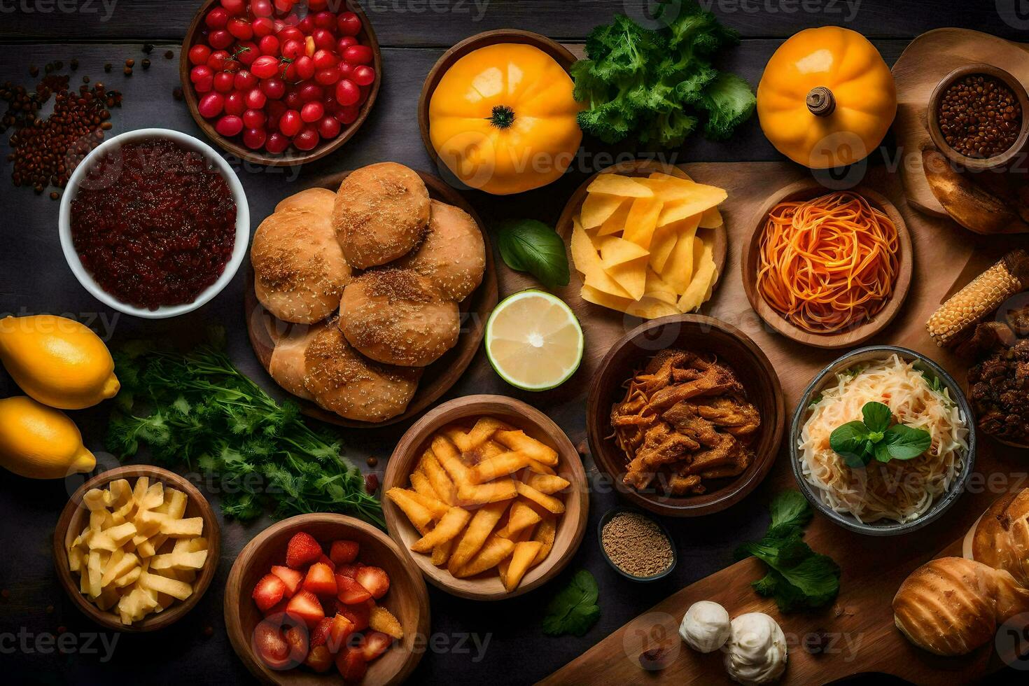 vários alimentos estão arranjado dentro taças em uma mesa. gerado por IA foto