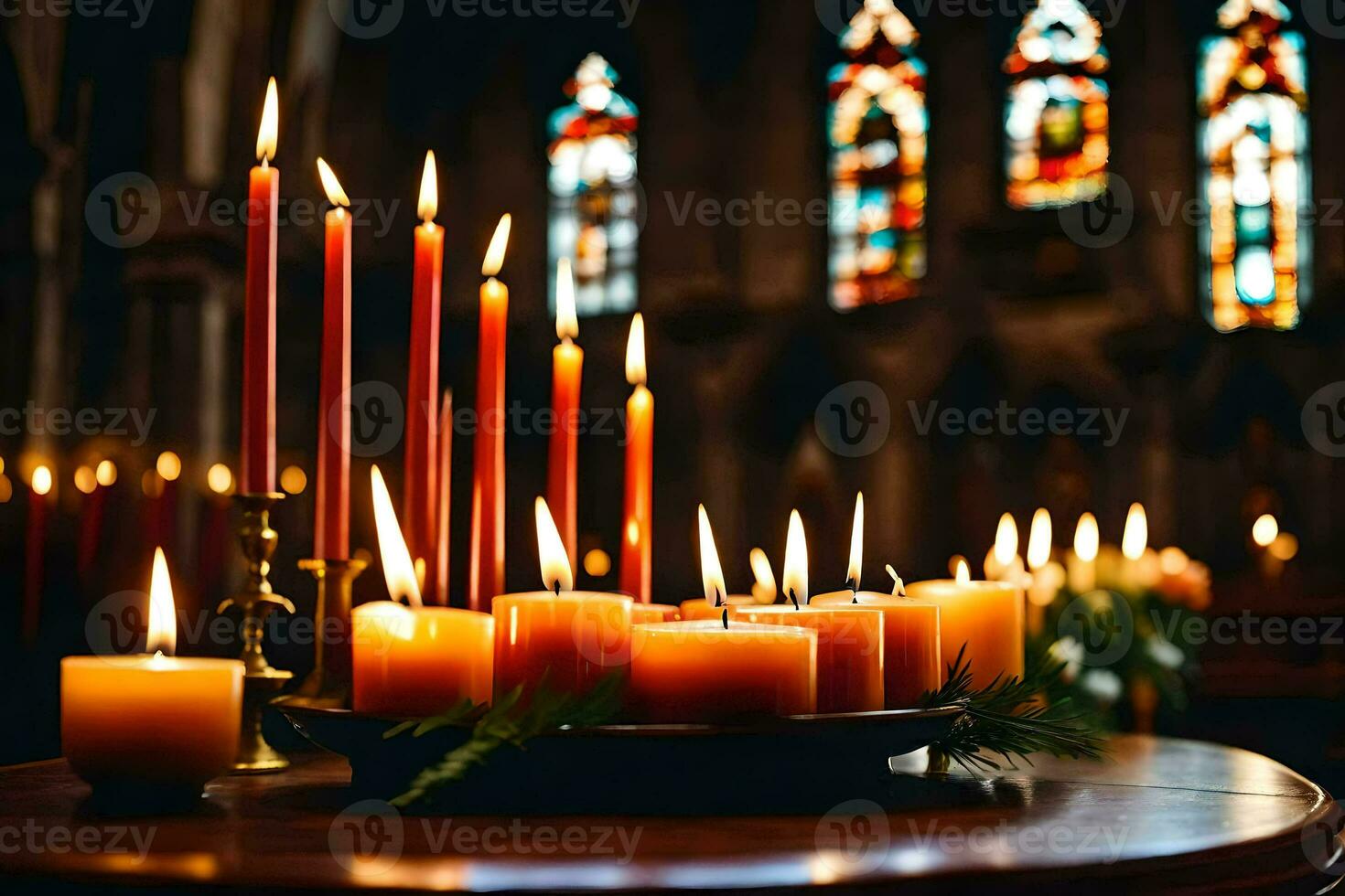 velas estão aceso dentro uma Igreja com velas. gerado por IA foto