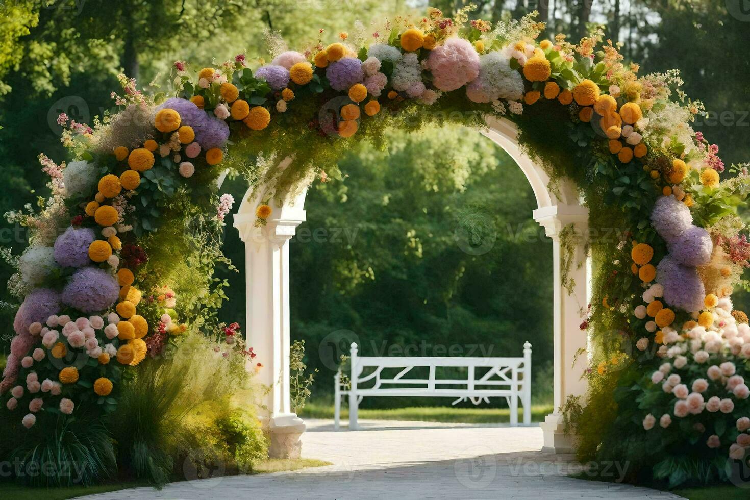 uma flor arco é decorado com flores gerado por IA foto