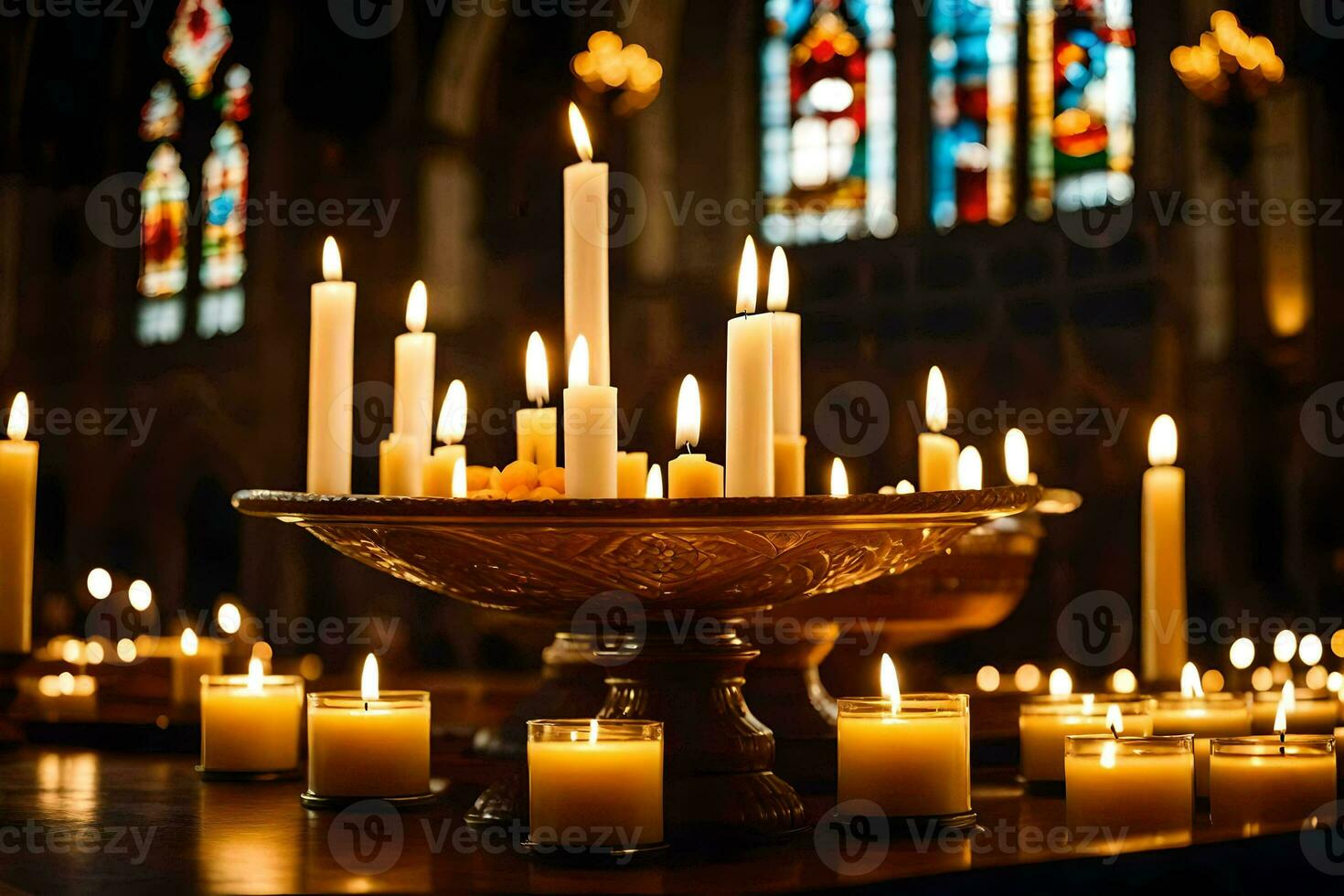 velas estão aceso dentro frente do uma manchado vidro janela. gerado por IA foto