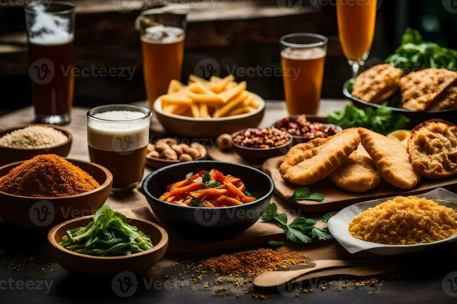 vários tipos do Comida e bebidas em uma mesa. gerado por IA foto