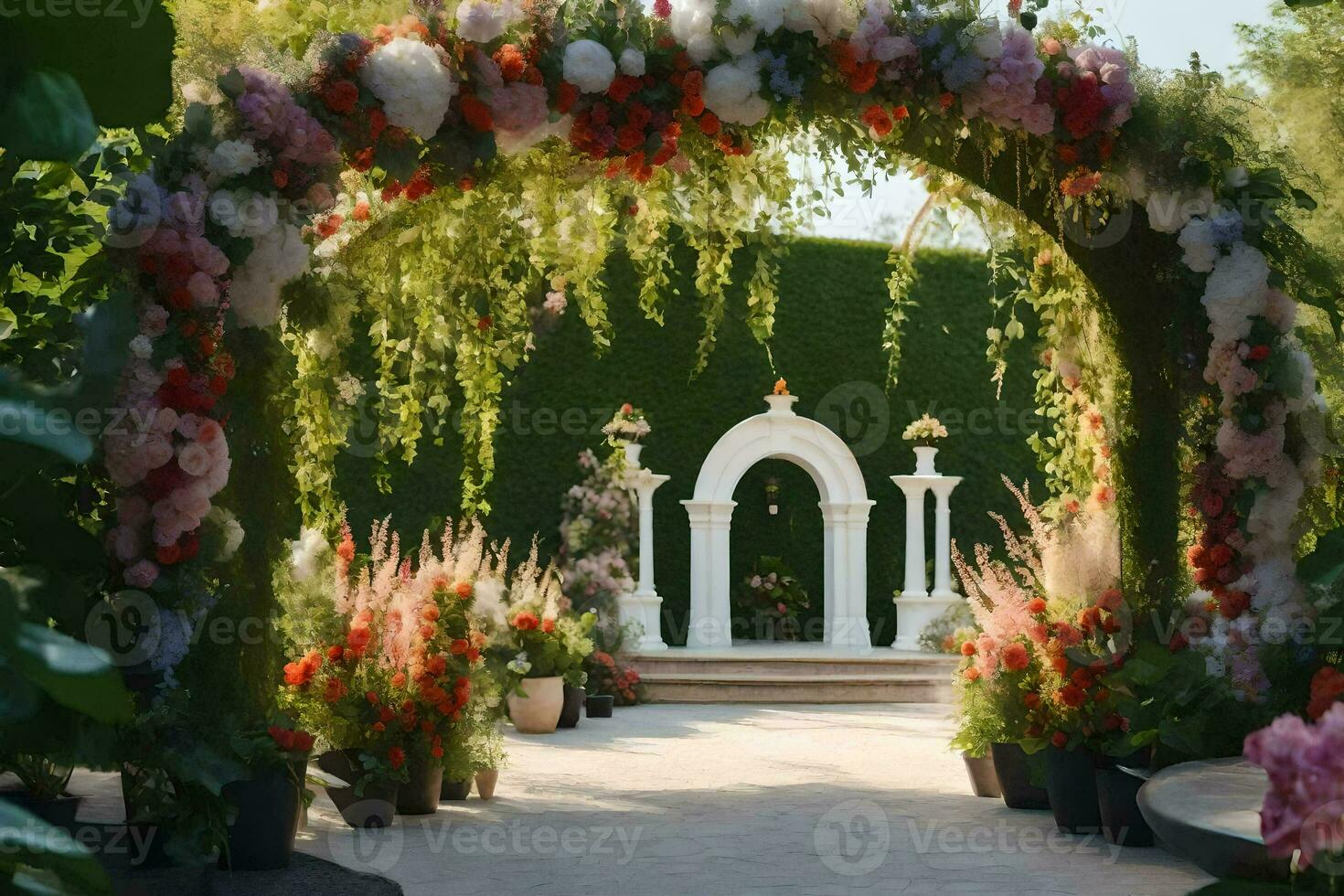 uma Casamento arco com flores e vegetação. gerado por IA foto