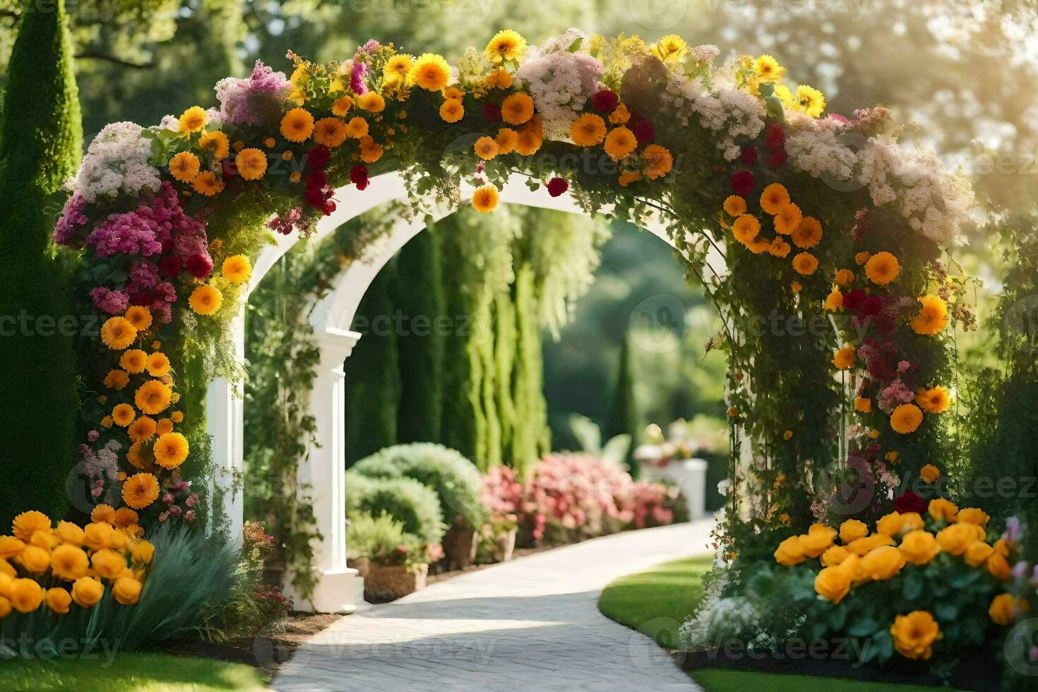 uma lindo arco com flores dentro a jardim. gerado por IA foto