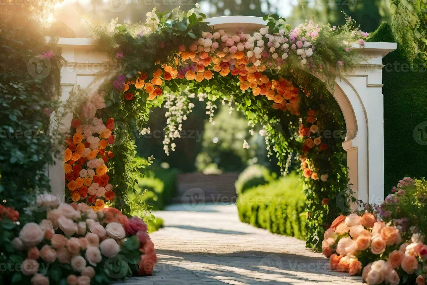a arco com flores e vegetação. gerado por IA foto
