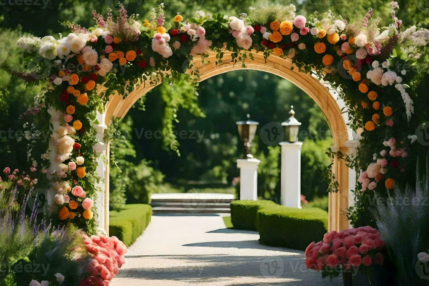 uma Casamento arco decorado com flores gerado por IA foto