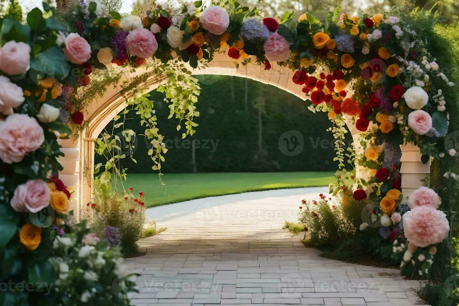 uma flor arco é decorado com colorida flores gerado por IA foto
