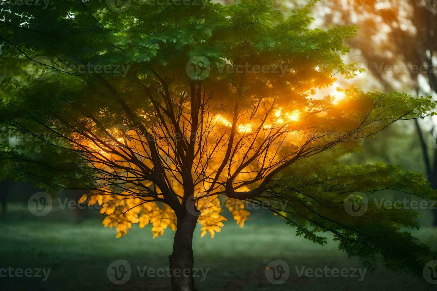 uma árvore com brilhante amarelo folhas dentro a meio do uma campo. gerado por IA foto