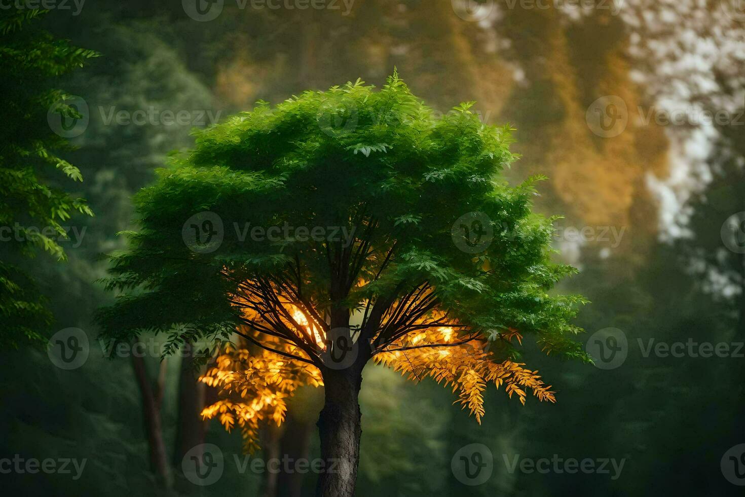uma árvore com uma luz brilhando através isto. gerado por IA foto