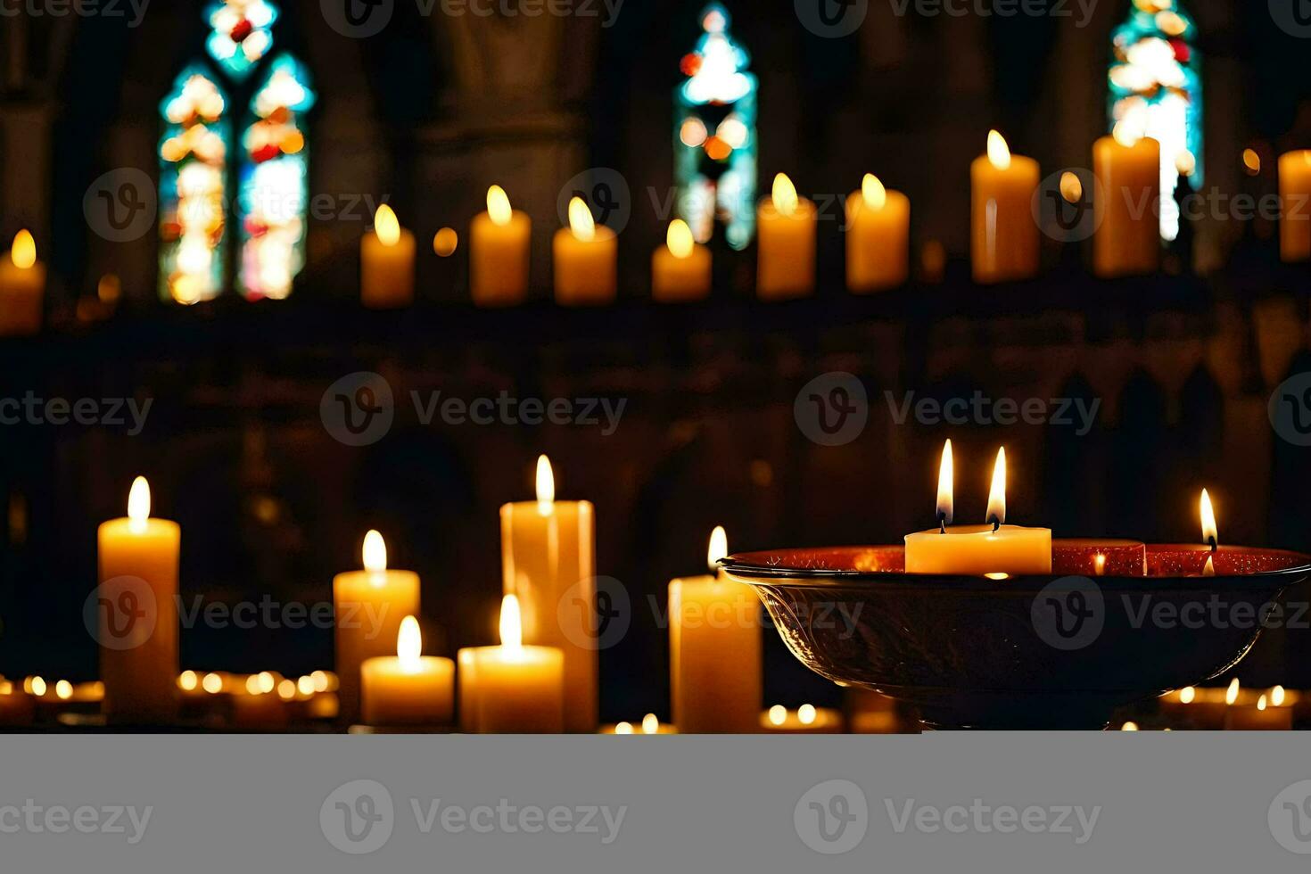 velas estão aceso dentro uma Igreja com manchado vidro janelas. gerado por IA foto