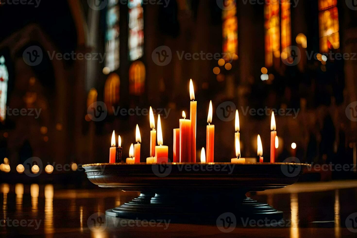 velas estão aceso dentro uma Igreja com manchado vidro janelas. gerado por IA foto