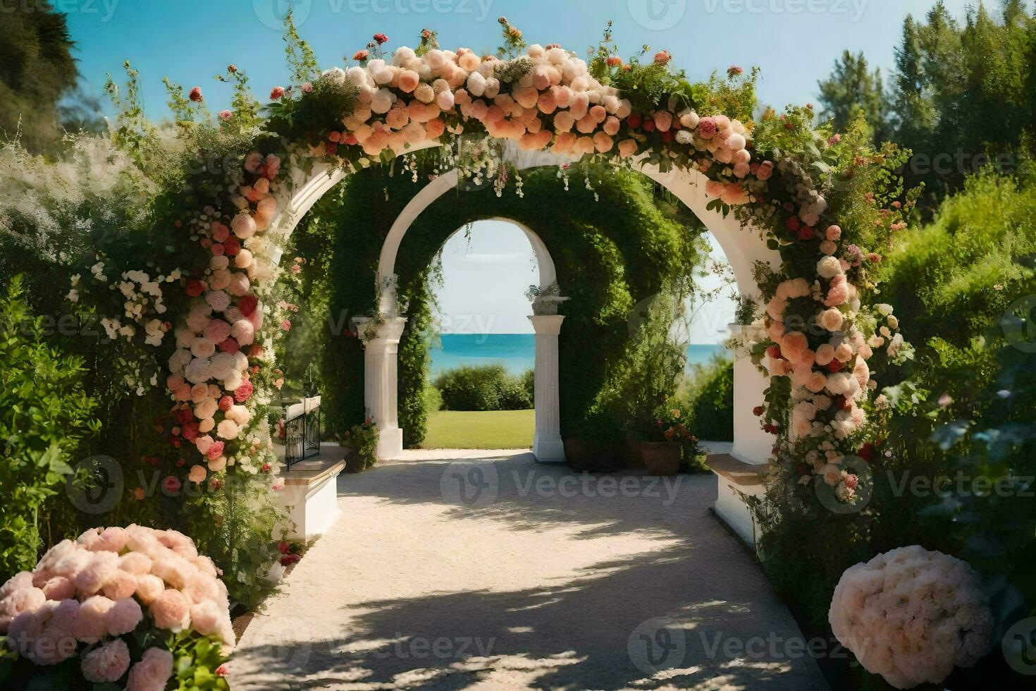uma Casamento arco com Rosa flores e vegetação. gerado por IA foto