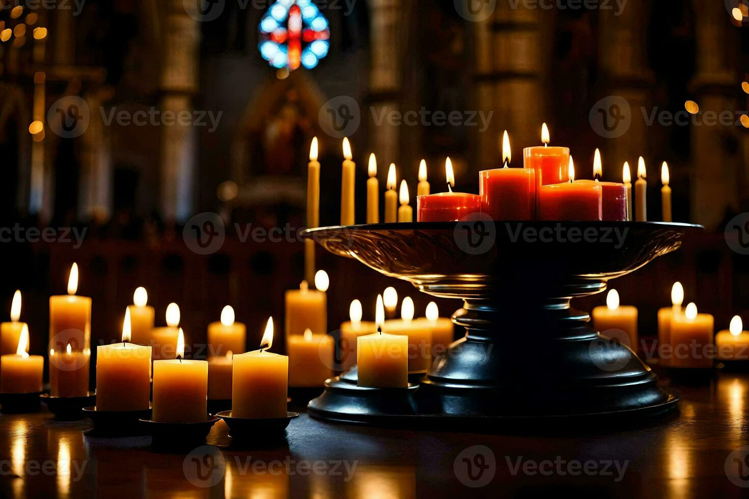 velas estão aceso dentro uma Igreja com uma vela suporte. gerado por IA foto