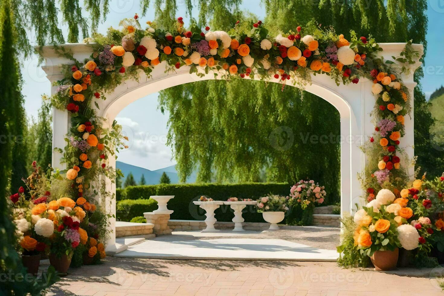 a arco com flores e plantas dentro frente do uma jardim. gerado por IA foto