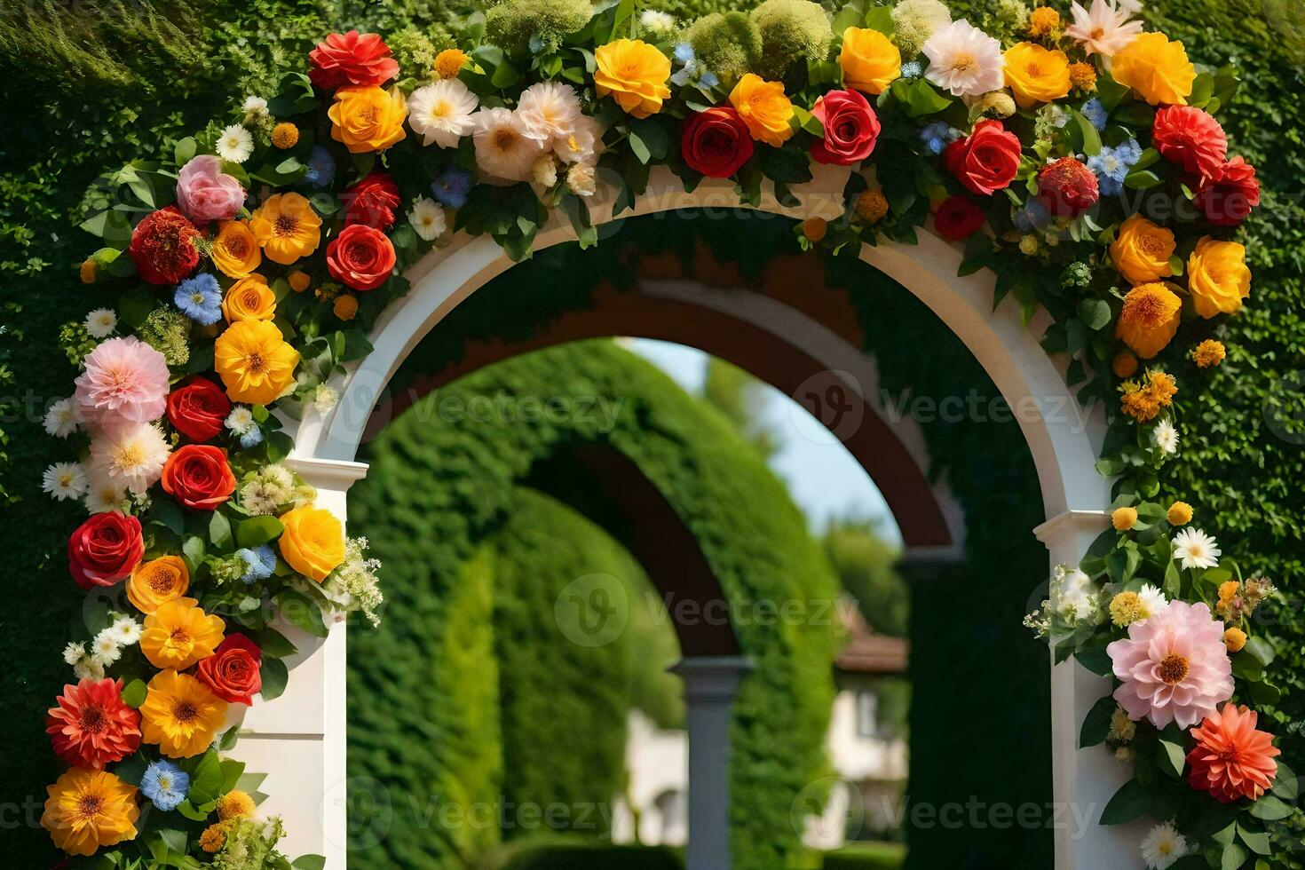 uma colorida arco decorado com flores é mostrando. gerado por IA foto