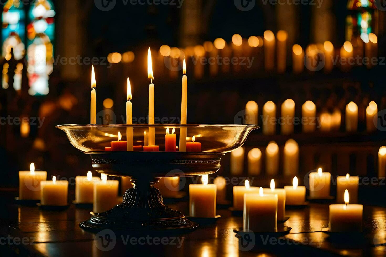 velas dentro uma Igreja com velas aceso. gerado por IA foto