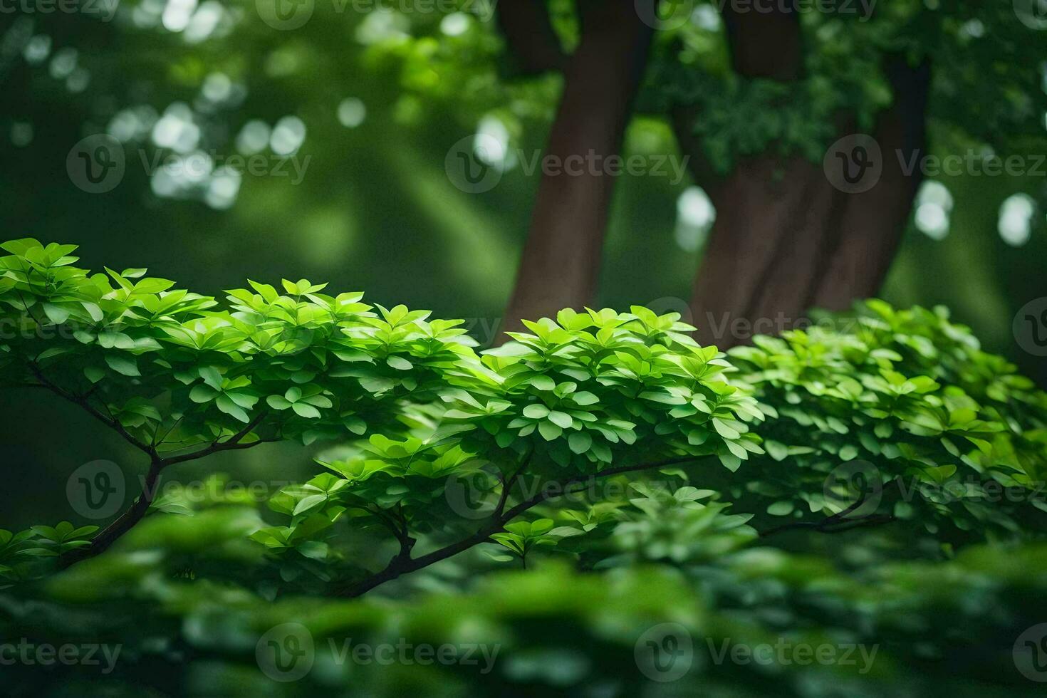 verde folhas em uma árvore dentro a floresta. gerado por IA foto