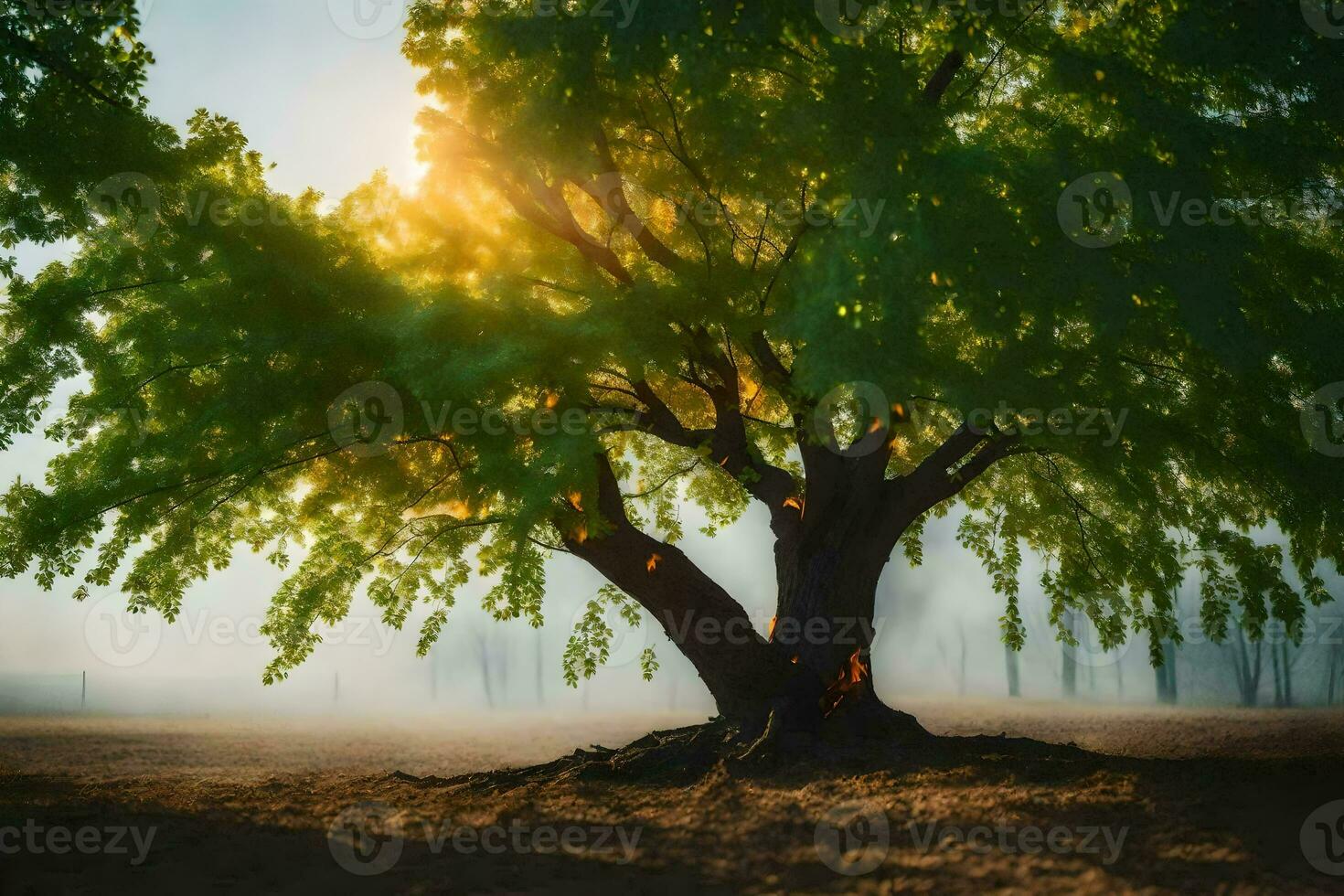 uma árvore dentro a névoa com a Sol brilhando através. gerado por IA foto