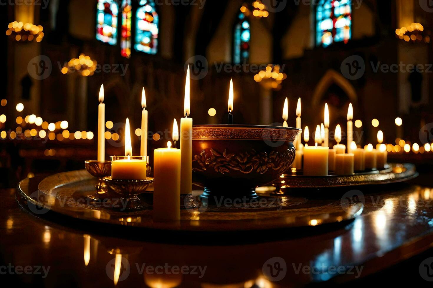 velas estão aceso dentro uma Igreja com manchado vidro janelas. gerado por IA foto