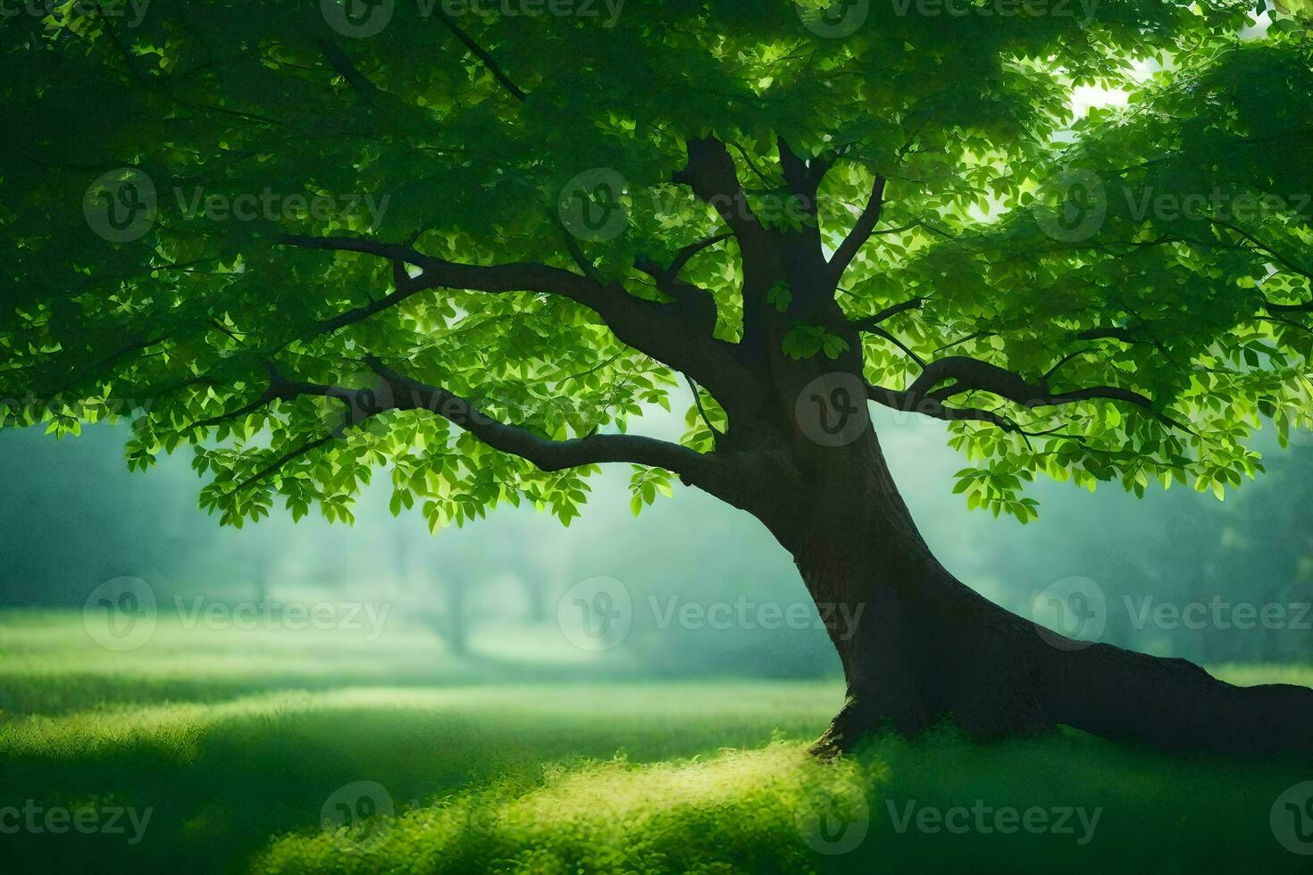 uma ampla árvore dentro a meio do uma verde campo. gerado por IA foto