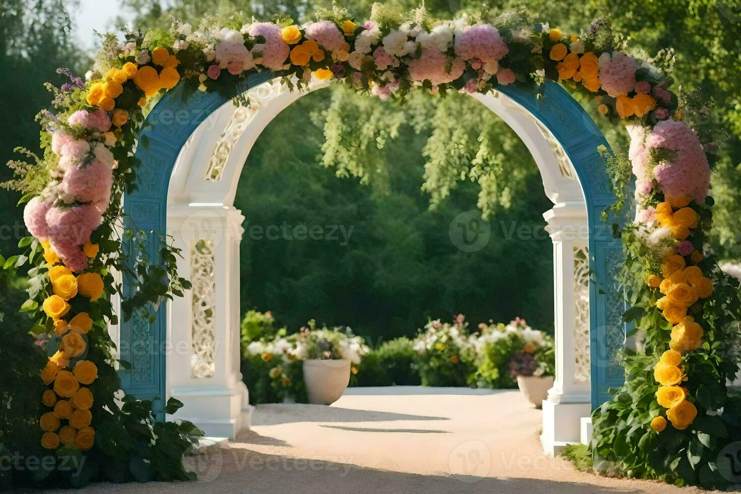 a arco decorado com flores e vegetação. gerado por IA foto