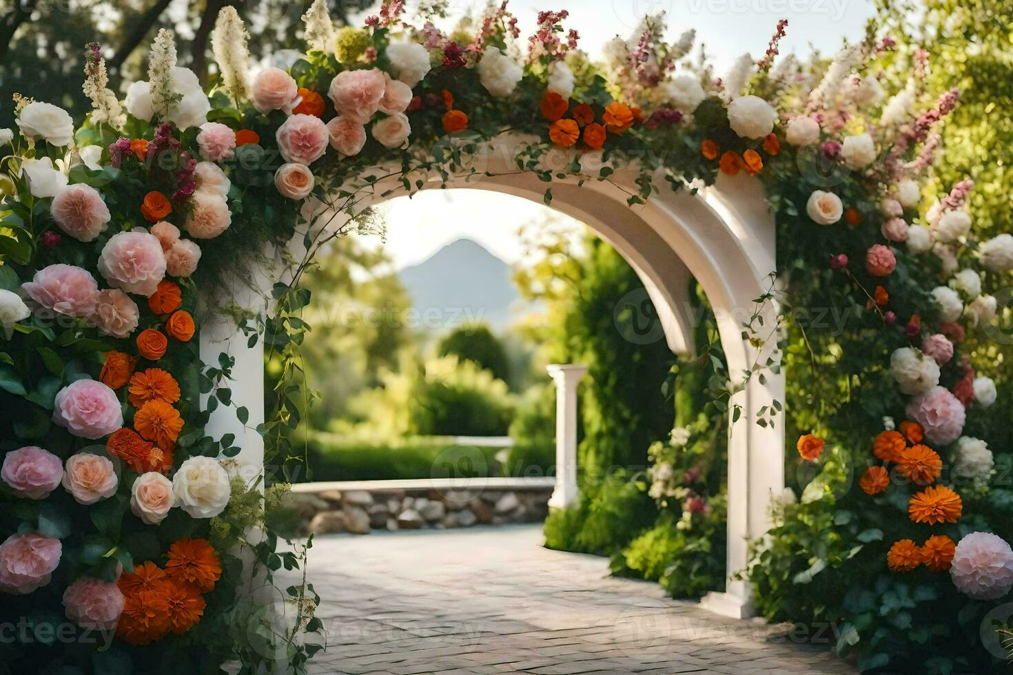 a arco com flores e vegetação. gerado por IA foto