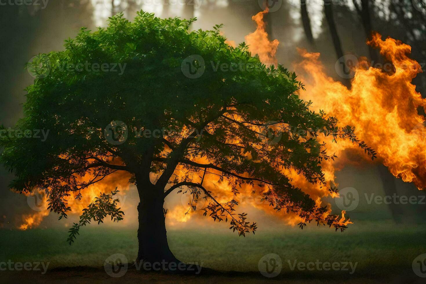 uma árvore com chamas chegando Fora do isto. gerado por IA foto