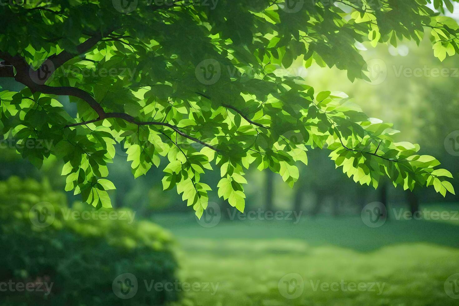 verde folhas em uma árvore dentro a luz solar. gerado por IA foto