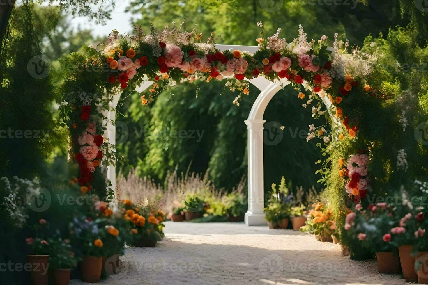 a arco com flores e plantas dentro a meio do uma jardim. gerado por IA foto