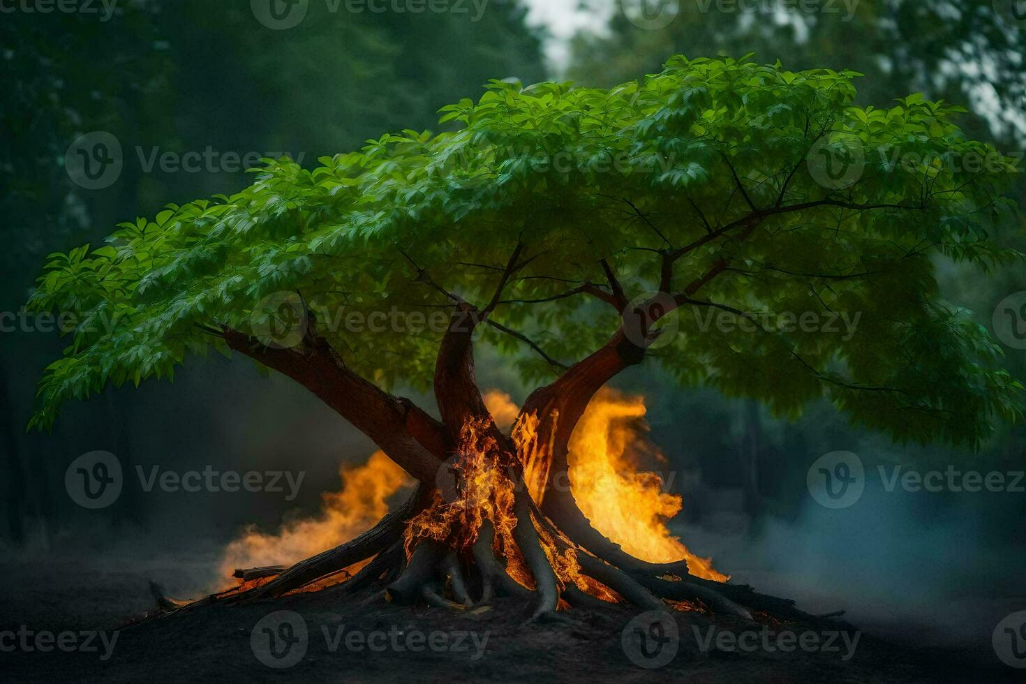 uma árvore com chamas chegando Fora do isto. gerado por IA foto