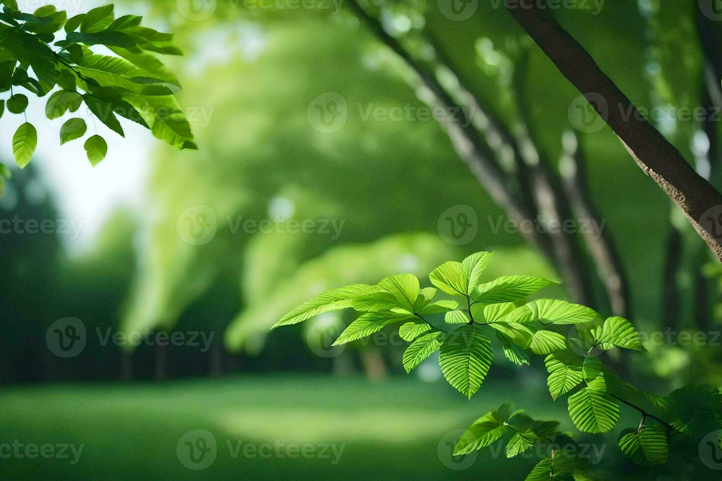 uma verde campo com árvores e grama. gerado por IA foto