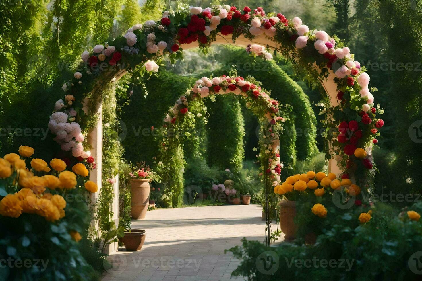 uma passarela com flores e vegetação dentro a fundo. gerado por IA foto