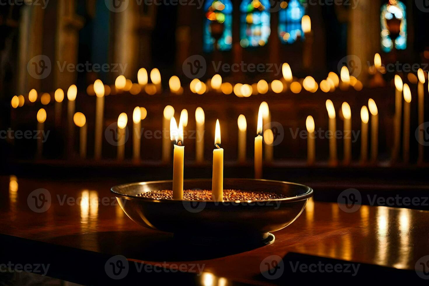 velas estão aceso dentro uma Igreja com uma de madeira mesa. gerado por IA foto