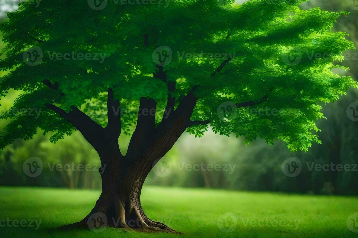 uma árvore é em pé dentro a meio do uma verde campo. gerado por IA foto