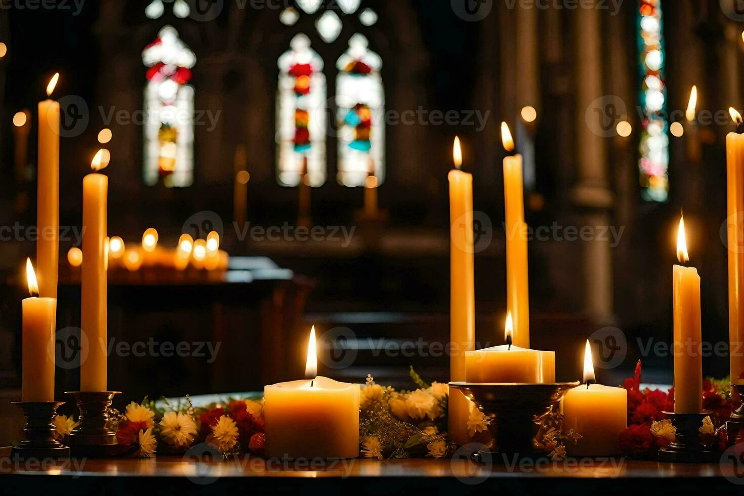 velas estão aceso dentro frente do uma Igreja altar. gerado por IA foto